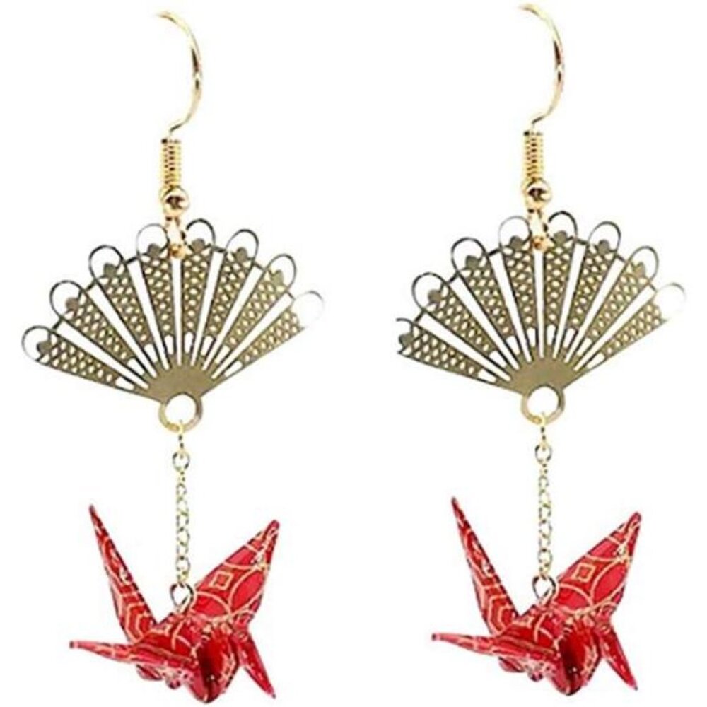 CutieJewelry Crane Origami Bird Fan Dangle Earrings - Cute Pretty Statement